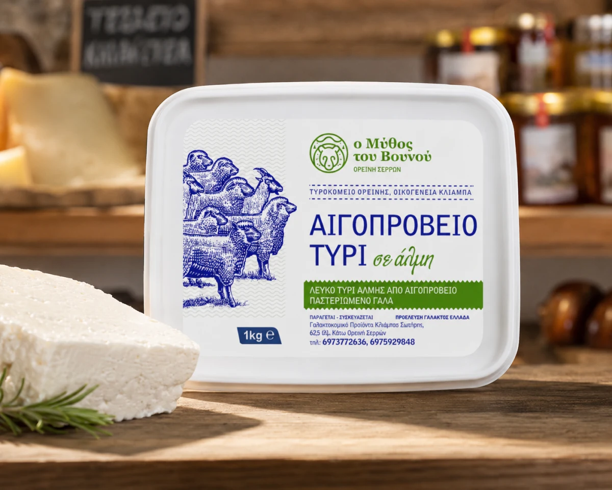 Συσκευασία αιγοπρόβειου τυριού σε άλμη «Ο Μύθος του Βουνού» 1 κιλό, με κομμάτι λευκού τυριού και κλωνάρι δεντρολίβανο σε ξύλινο πάγκο.