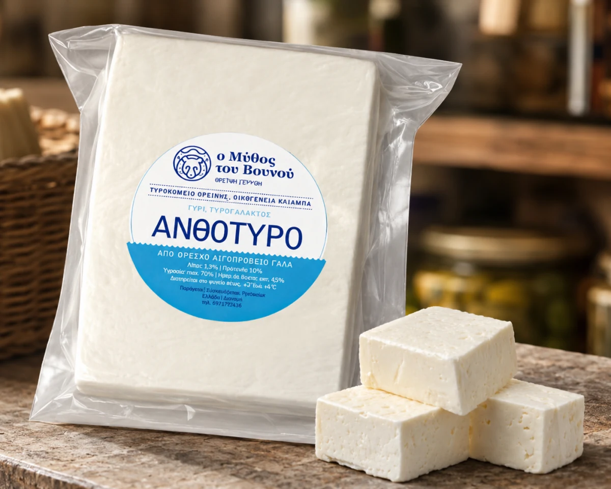 Συσκευασία ανθότυρου «Ο Μύθος του Βουνού» από αιγοπρόβειο γάλα, δίπλα σε κομμάτια λευκού τυριού πάνω σε πέτρινο πάγκο.