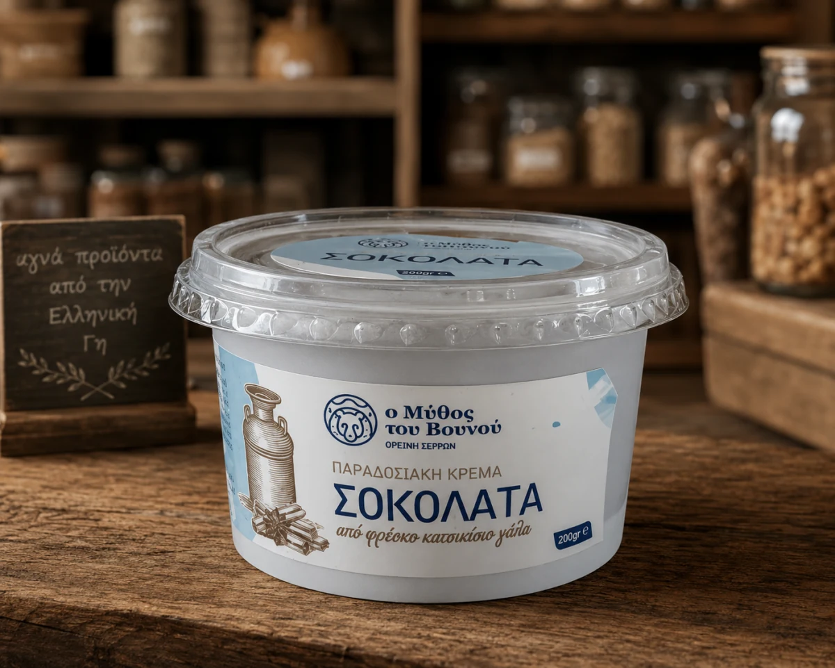 Συσκευασία παραδοσιακής κρέμας σοκολάτας «Ο Μύθος του Βουνού» 200 γρ. από φρέσκο κατσικίσιο γάλα, με εικονογράφηση γαλατιέρας και κομματιών σοκολάτας στην ετικέτα, σε ξύλινο πάγκο.
